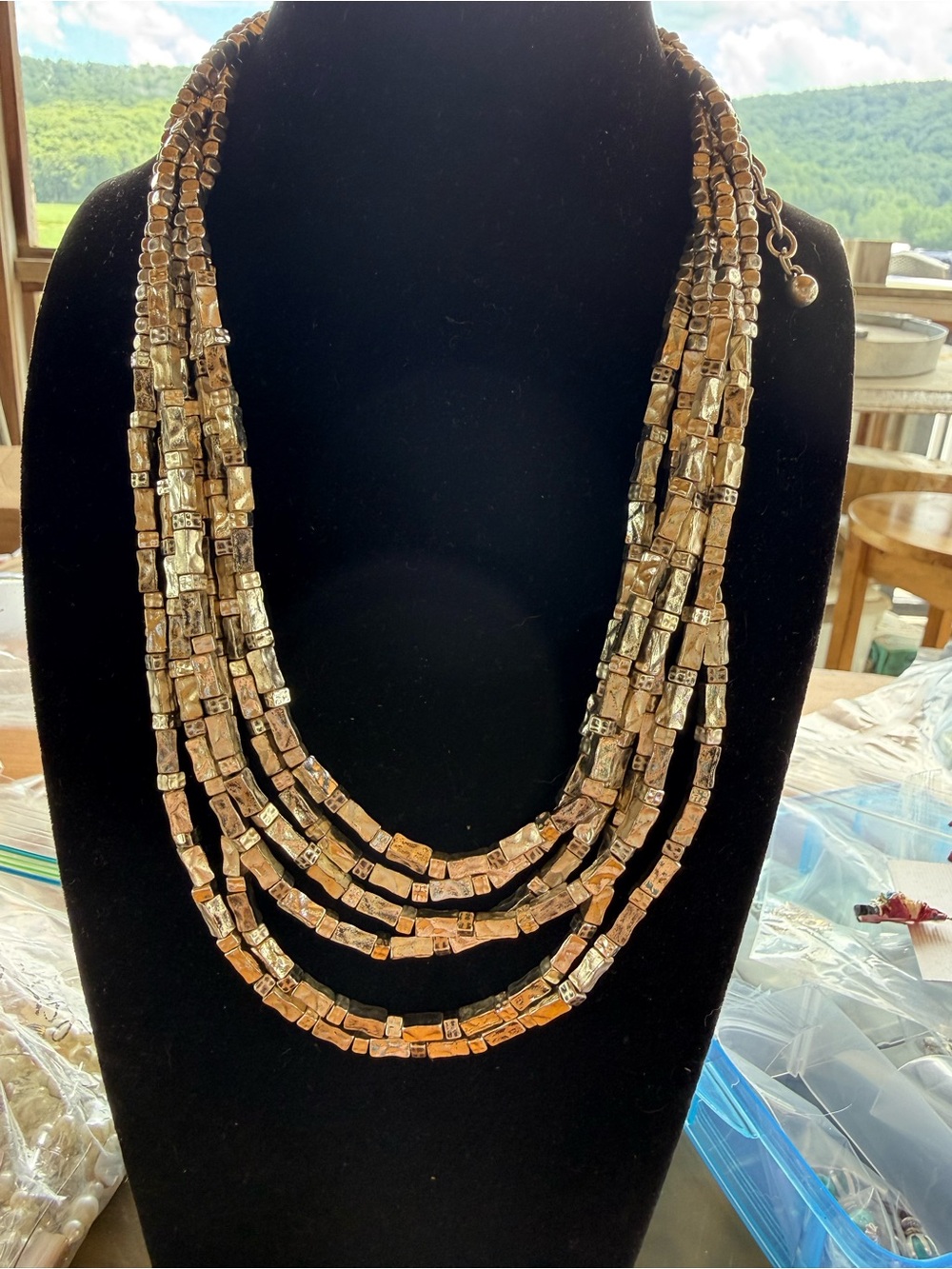 Chico's Layered Metallic Cube Bead Necklace in Silver Tones
